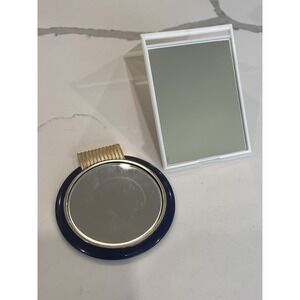 Estee Lauder Folding Travel White Tabletop Makeup Cosmetic Blue Purse Mirror Set